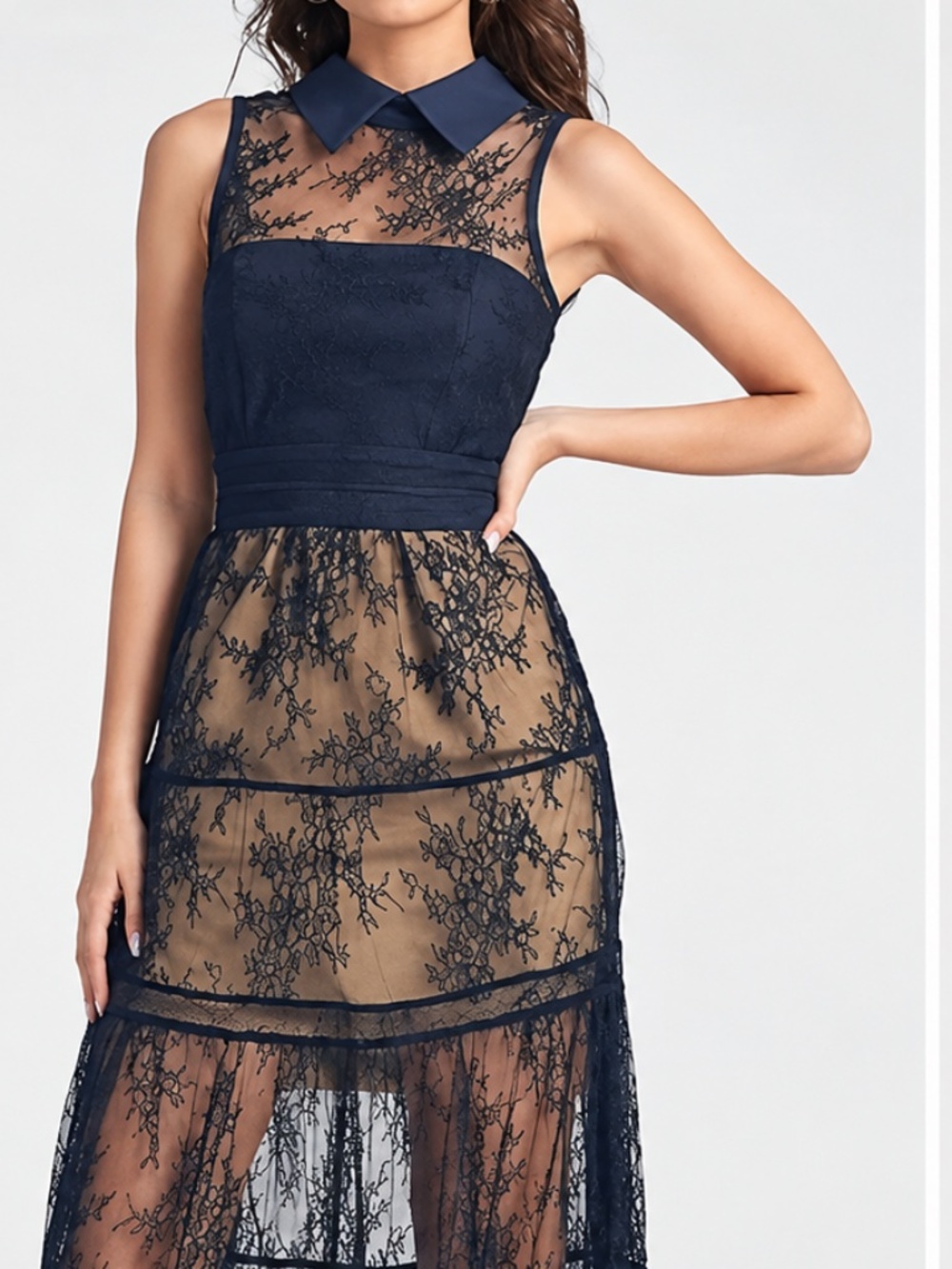 Venus Lace Overlay‎ Collared Midi Dress Sleeveless Navy Tiered Dress